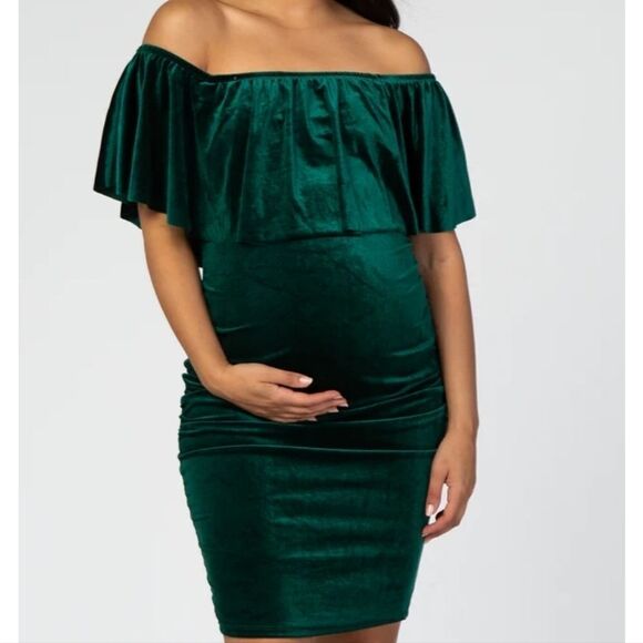Pinkblush My Bump Forest Green Velvet Off Shoulder Ruched Fitted Maternity Dress - Picture 2 of 10